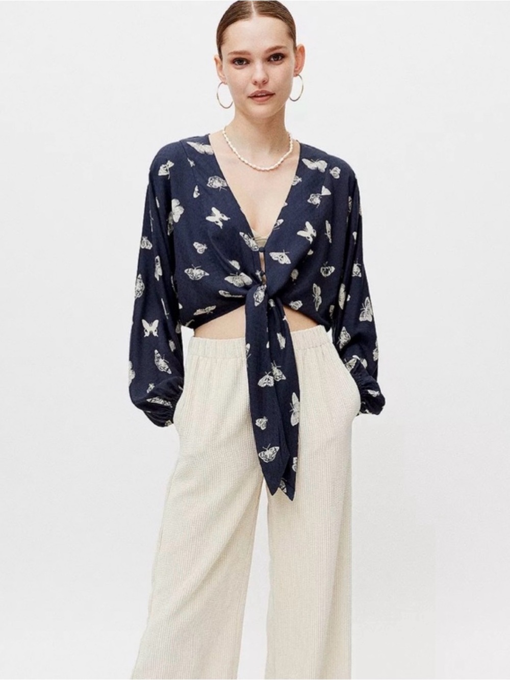 Urban Outfitters Cropped Button Up Butterfly Blouse